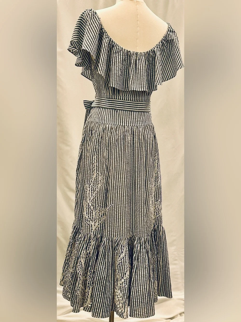 Tory Burch Gray & White Embroidered Cotton Midi Dress NWOT